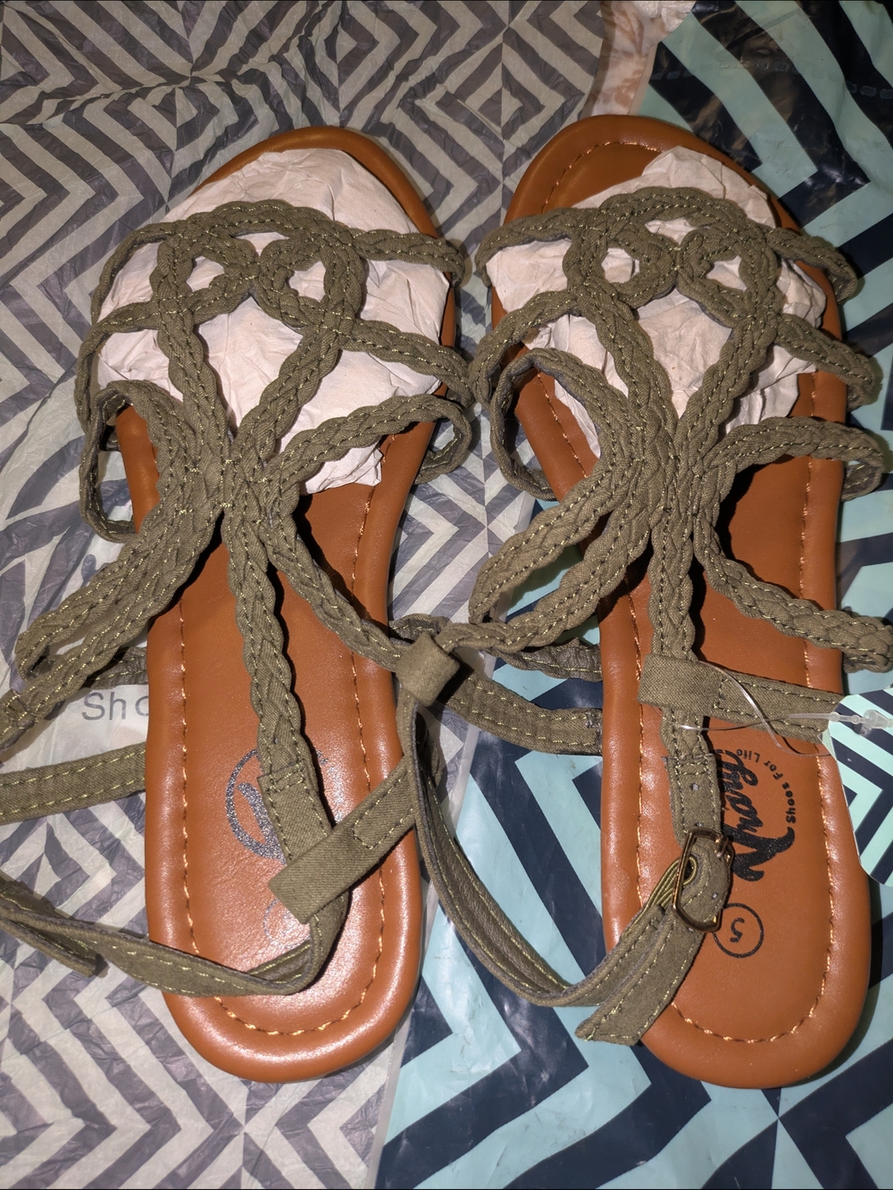Trary Braided Lace-Up Olive Green Women's Sandals Size 5